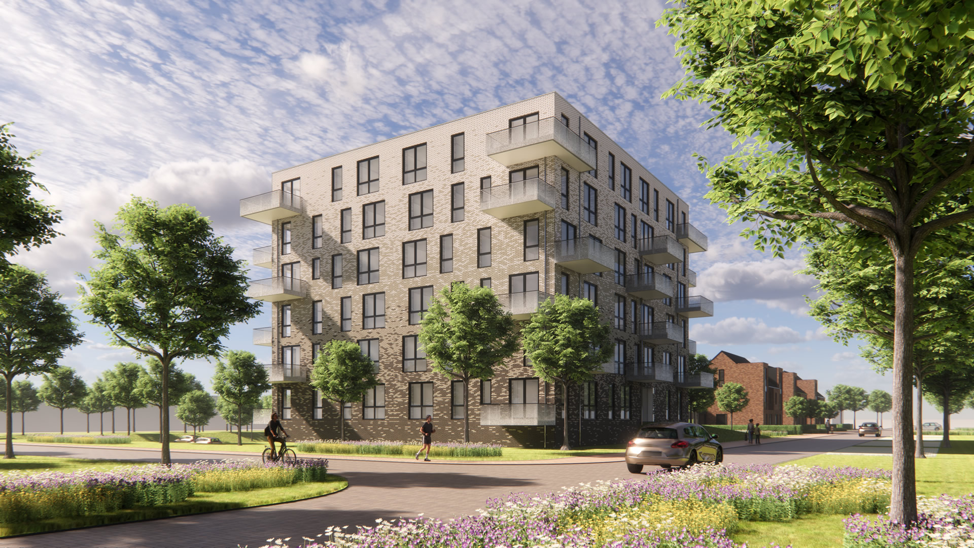 Eerste schets van het appartementencomplex in het project Heidepost