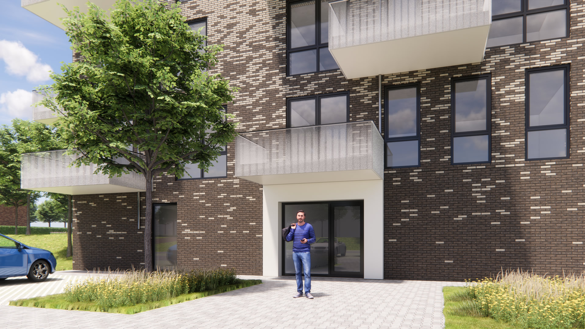 Impressie van achter entree appartementencomplex project Heidepost